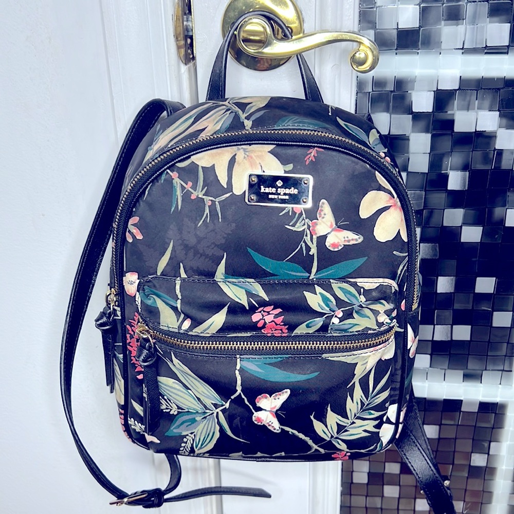 ♠️ Kate spade black tropical nylon backpack purse cute ♠️